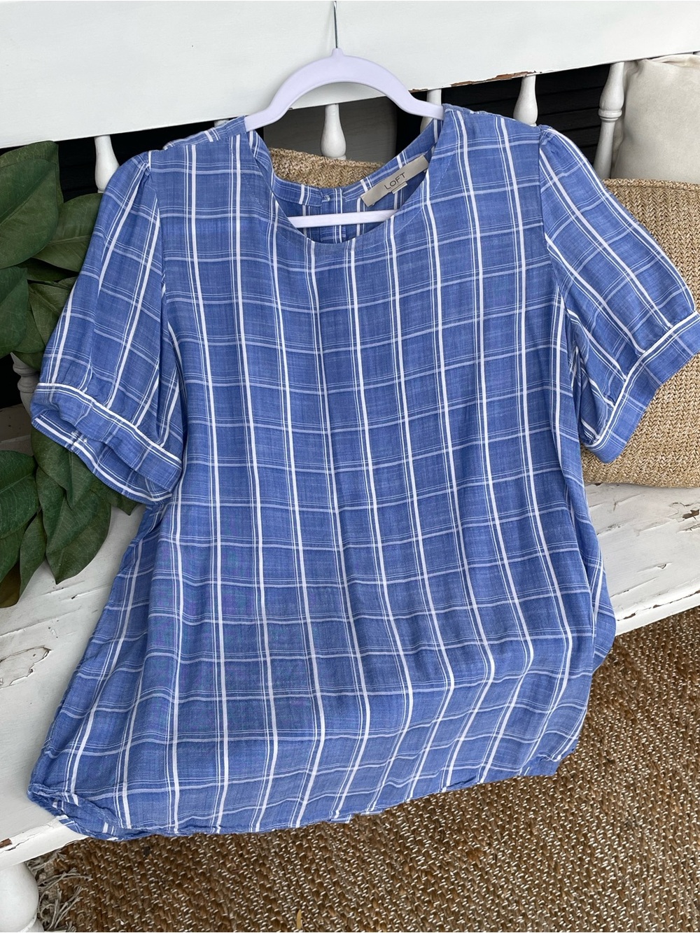 LOFT Blue Plaid Short Sleeve Blouse